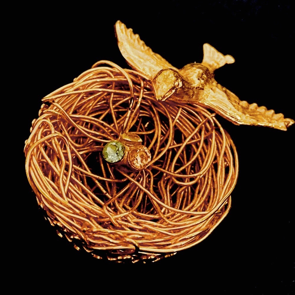 Antique Jeanne golden bird nest brooch with pastel rhinestones Easter Gladness